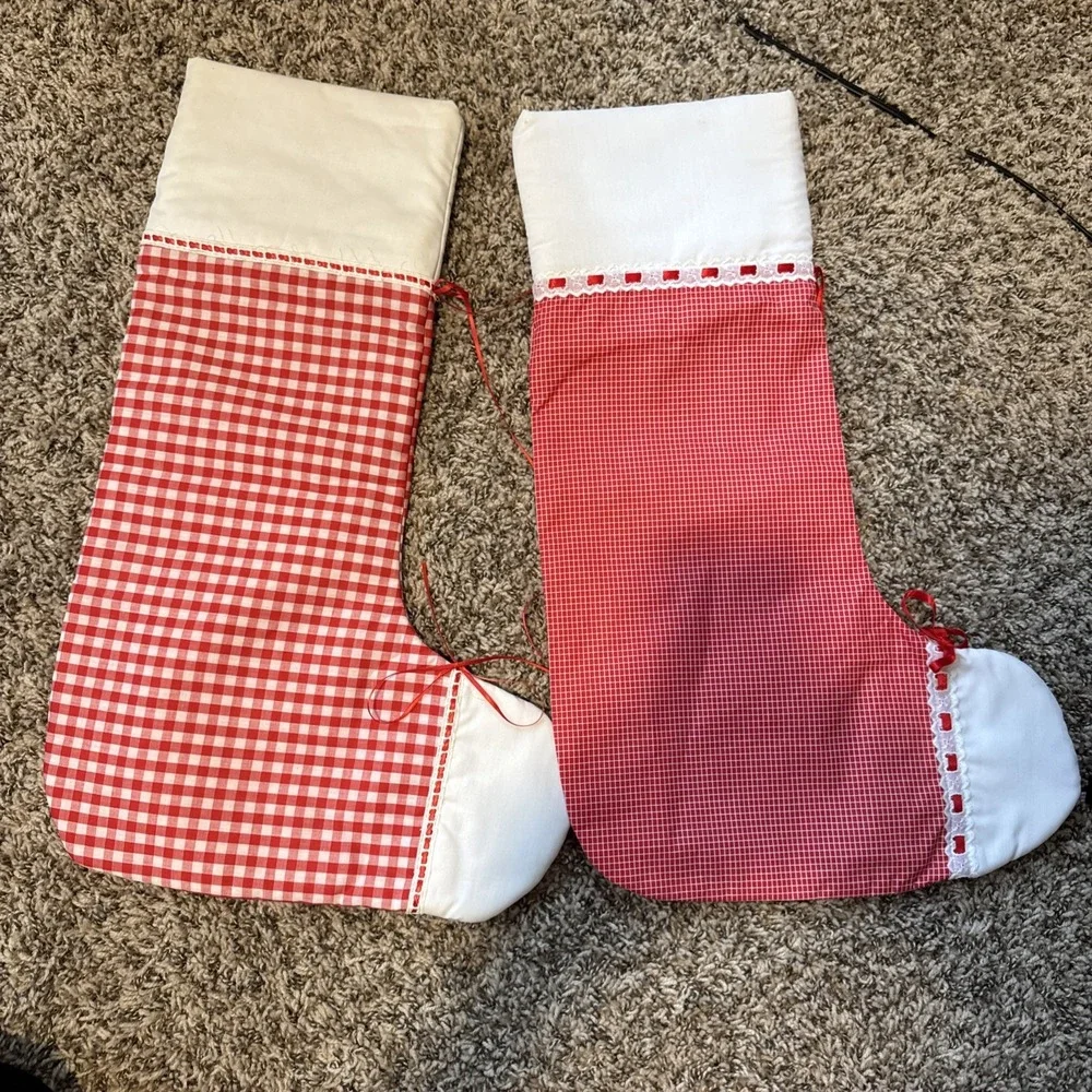 Set Of 2 Handmade Vintage Red Check Christmas Stockings 22